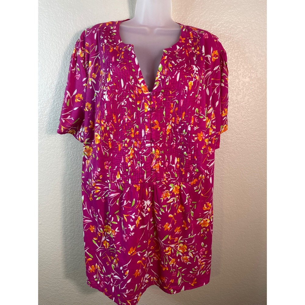 Woman Within Womens 3X Tunic Top Pink Floral Pintuck V Neck Cotton Short Sleeve